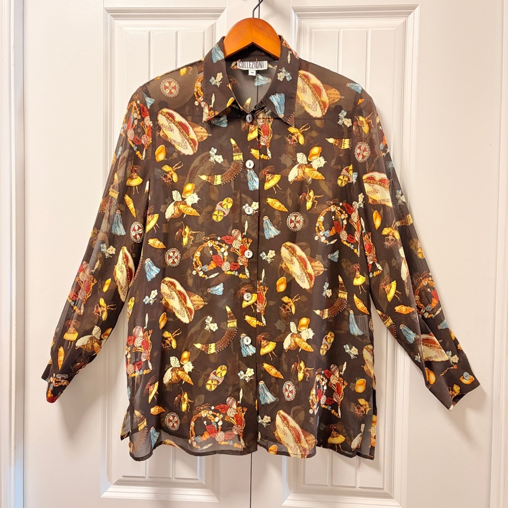 Vintage Collezioni Italy 100% Silk Hawaiian Print Button Blouse Brown – M